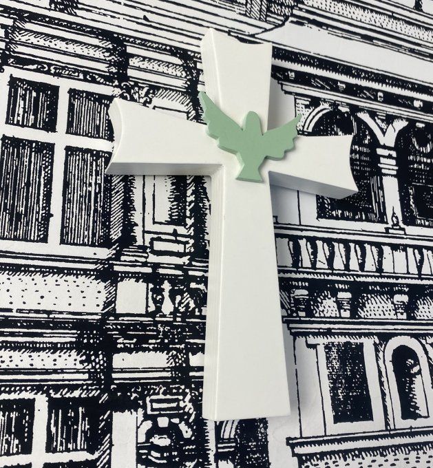 Croix en bois blanche avec colombe vert tilleul.