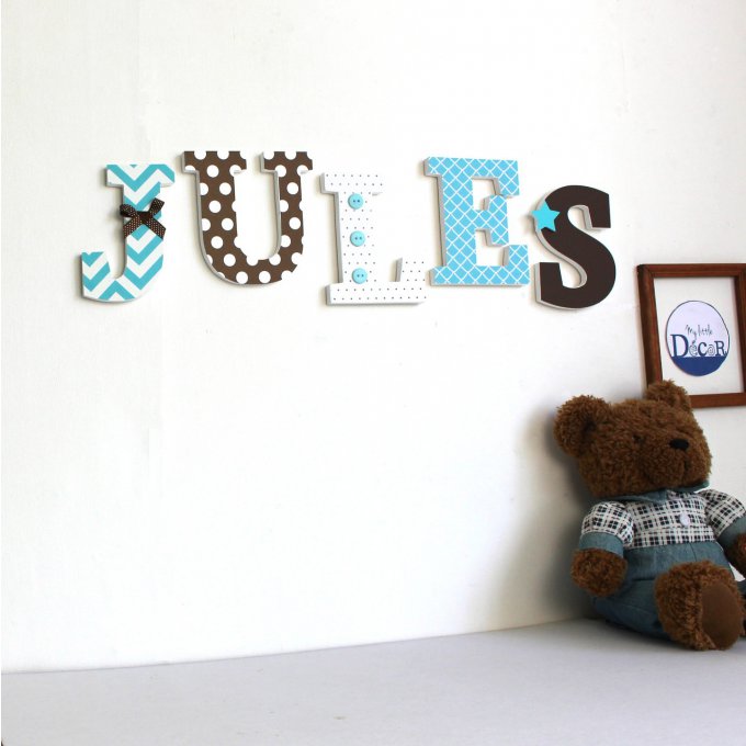 Lettres en bois JULES turquoise et chocolat.