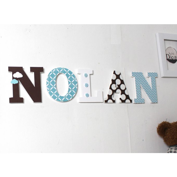Lettres en bois NOLAN bleu et marron - prénom personnalisé - lettres décoratives- mylittledecor