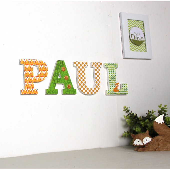 Lettres en bois Paul orange vert - prénom personnalisé - renard - lettres décoratives- mylittledecor