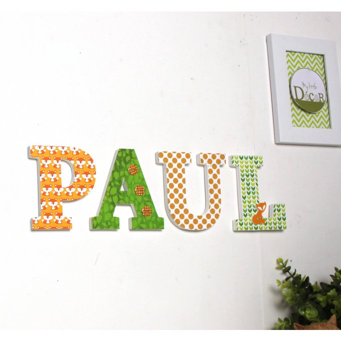 Lettres en bois Paul orange vert - prénom personnalisé - renard - lettres décoratives- mylittledecor