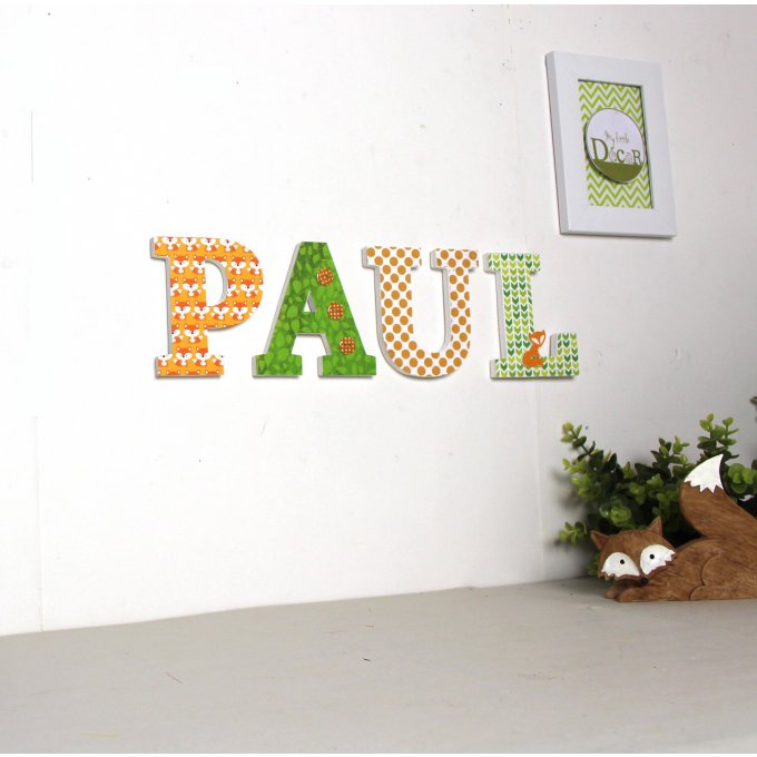 Lettres en bois Paul orange vert - prénom personnalisé - renard - lettres décoratives- mylittledecor