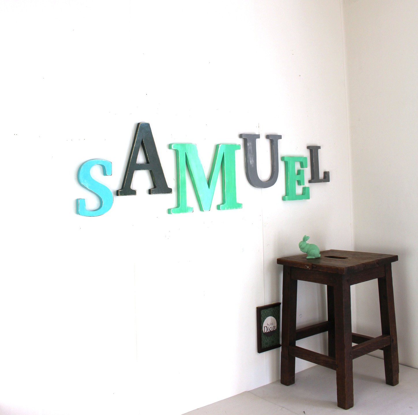 Prénom personnalisé SAMUEL en bois bleu , vert, gris.