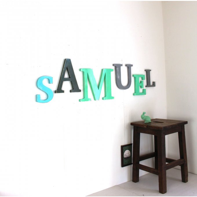 Prénom personnalisé SAMUEL en bois bleu , vert, gris.