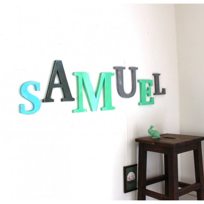 Prénom personnalisé SAMUEL en bois bleu , vert, gris.