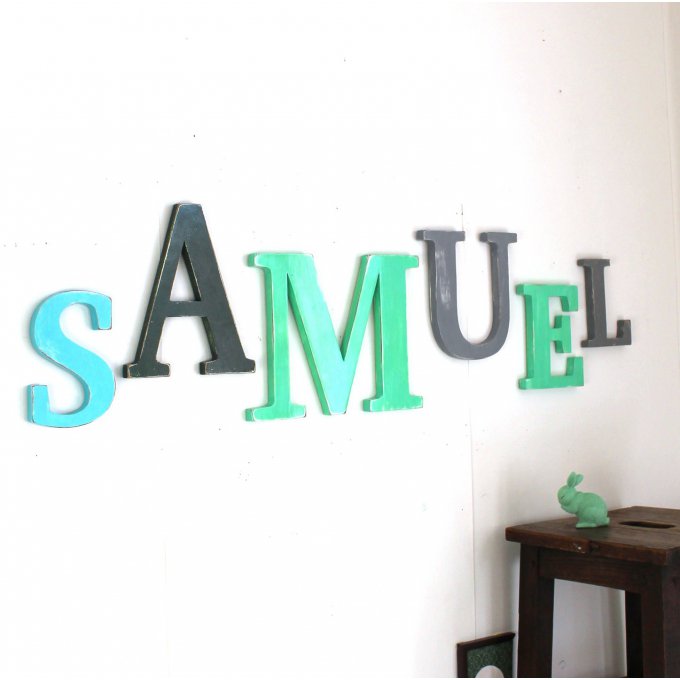 Prénom personnalisé SAMUEL en bois bleu , vert, gris.