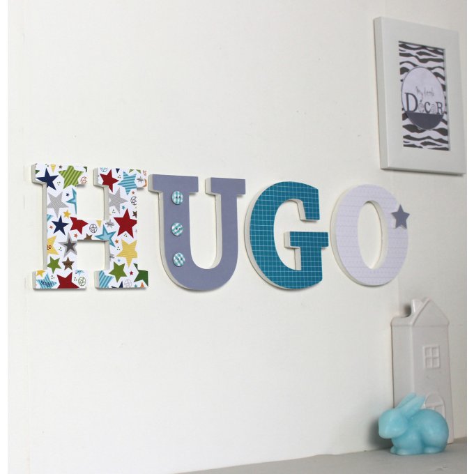 prénom personnalisé HUGO  turquoise , gris, étoiles - prénom personnalisé turquoise gris - mylittled