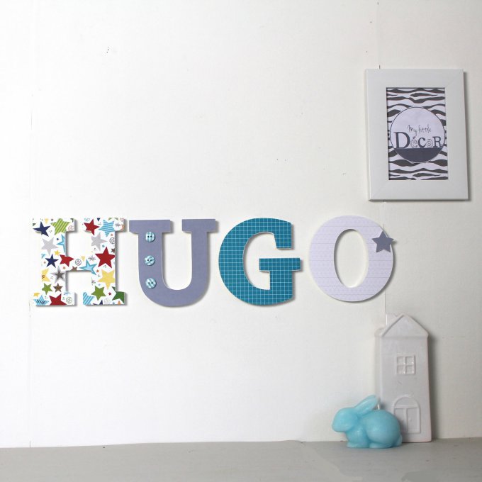 prénom personnalisé HUGO  turquoise , gris, étoiles - prénom personnalisé turquoise gris - mylittled