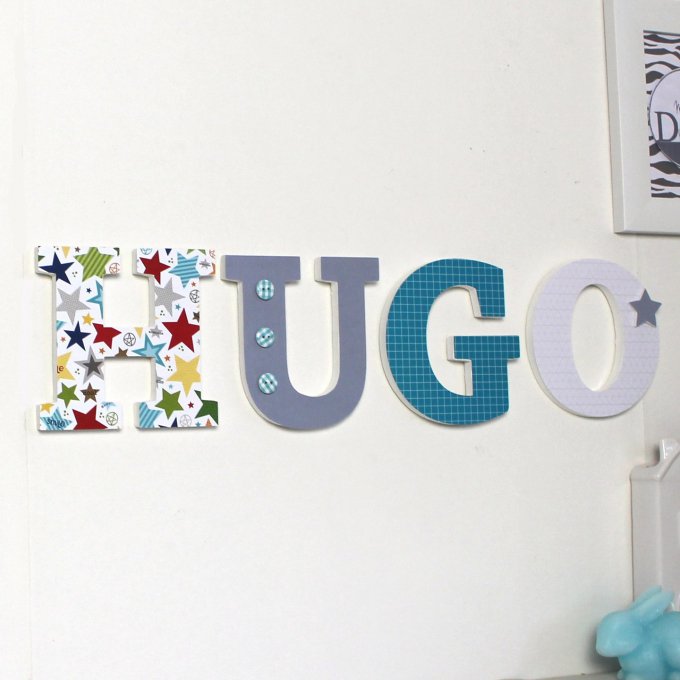 prénom personnalisé HUGO  turquoise , gris, étoiles - prénom personnalisé turquoise gris - mylittled