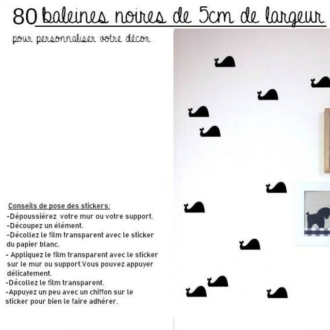 Lot de 80 stickers baleines noires de 5 cm de largeur. 