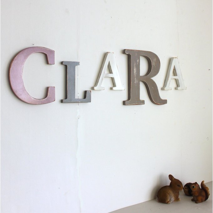 Grand prénom Clara vieux rose, gris, blanc , taupe.