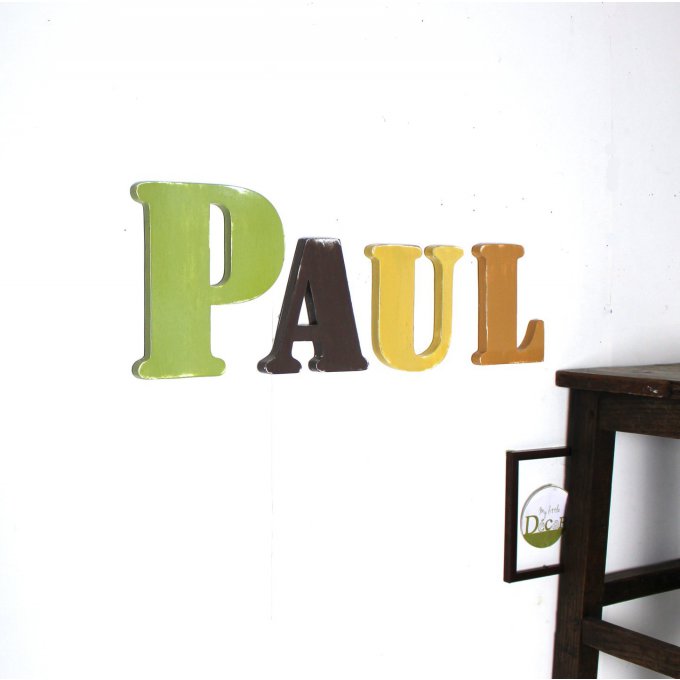 Grand prénom Paul personnalisé bois ocre, kaki, marron et taupe patiné.