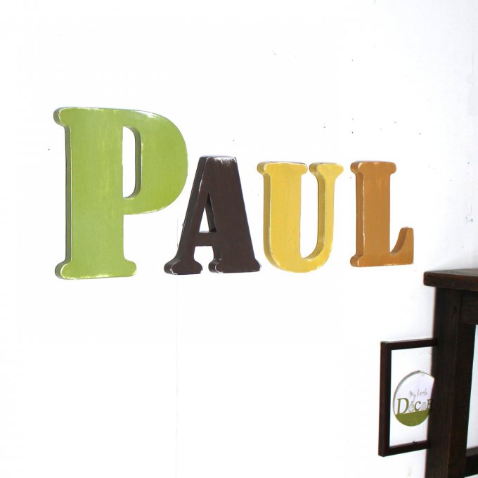 Grand prénom Paul personnalisé bois ocre, kaki, marron et taupe patiné.