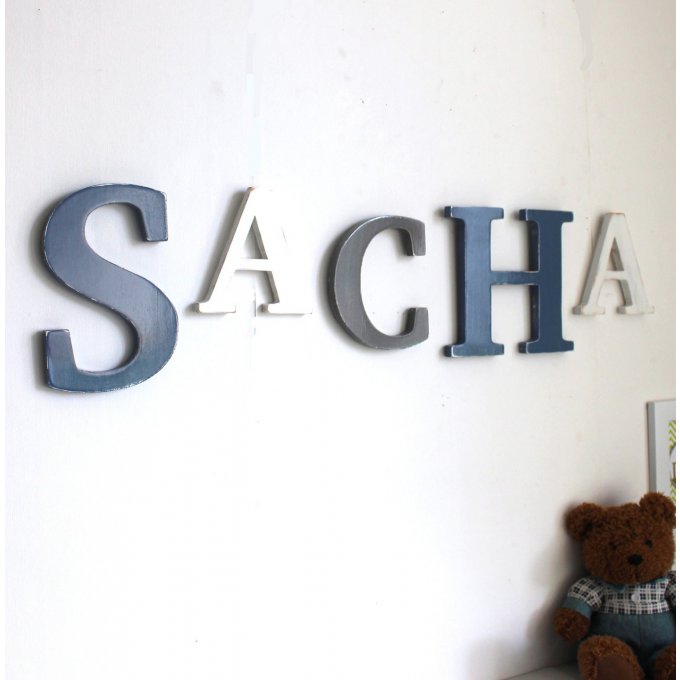 Grand prénom SACHA  bleu ardoise , gris et blanc patiné.