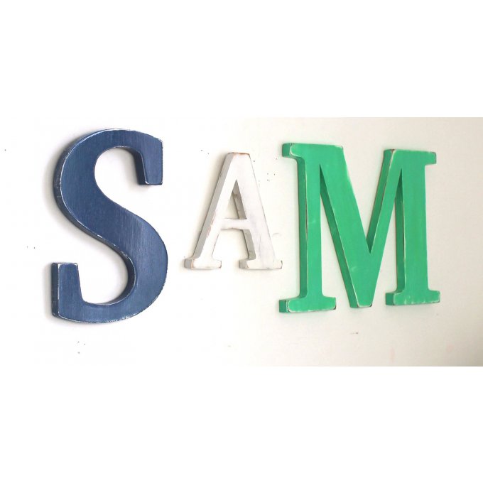 Grand prénom Sam personnalisé bois bleu , blanc et vert menthe patiné.
