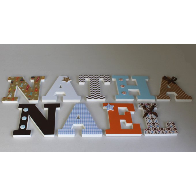 prénom en bois Nathanaël thème fusée, étoiles: marron bleu :cadeau de naissance,baptême