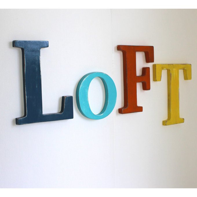 Mot en bois " LOFT " à accrocher bleu,turquoise,orange,jaune pour une déco industrielle