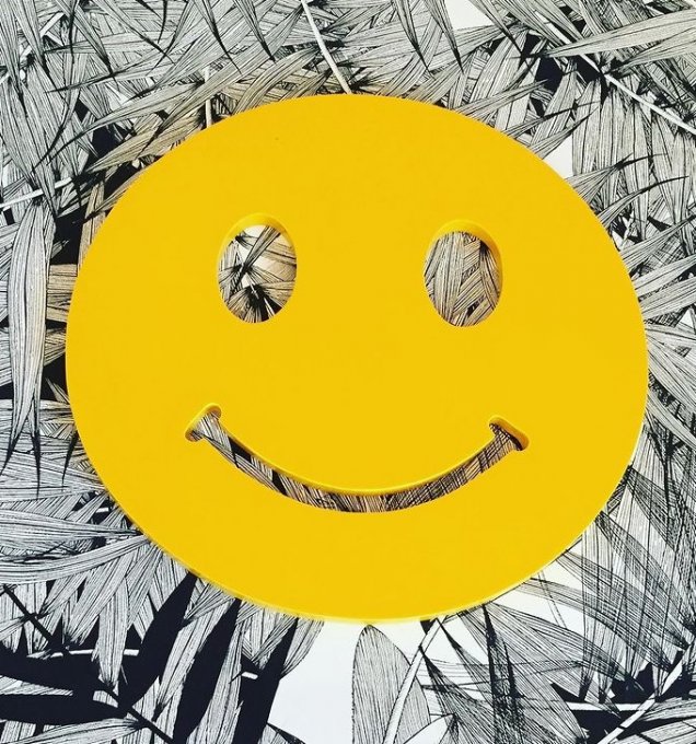 Grand sourire en bois jaune d'or.