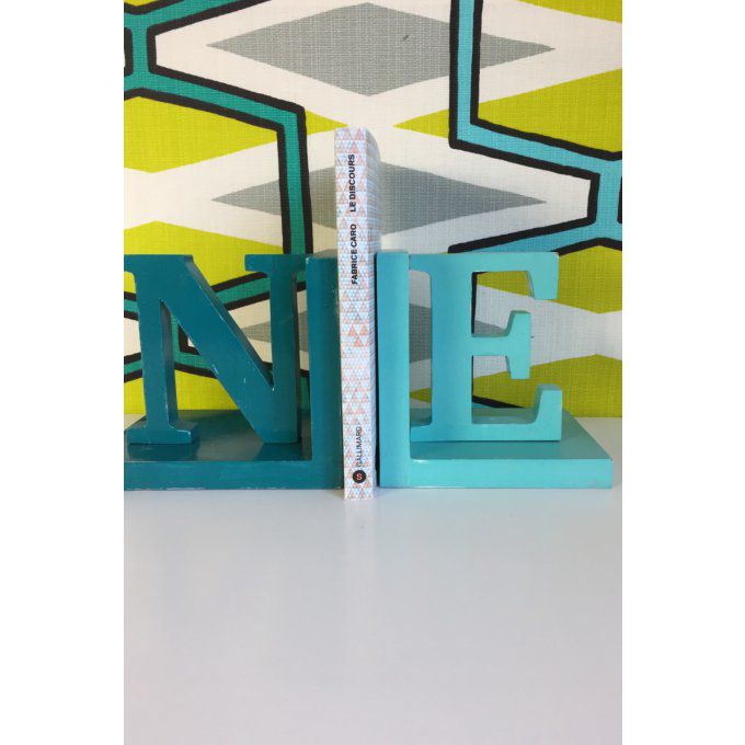 Lot de 2 serre-livres en bois bleu canard et bleu turquoise.