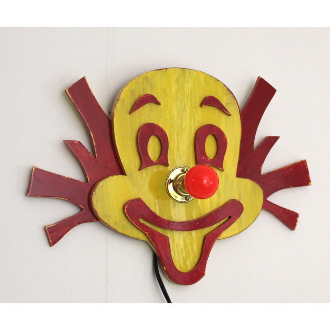 Lampe tête de clown en bois cirque rouge et jaune , chambre garçon , décoration industrielle