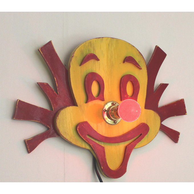 Lampe tête de clown en bois cirque rouge et jaune , chambre garçon , décoration industrielle