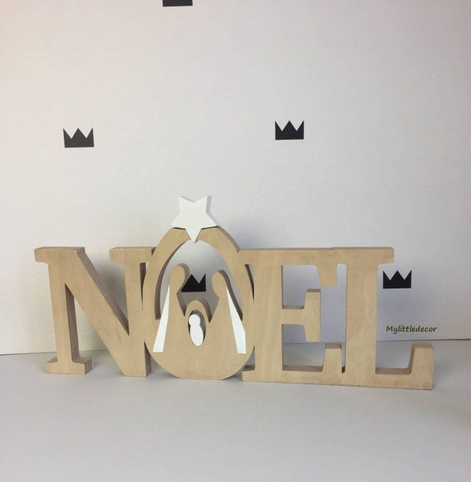 Mot en bois naturel Noël en bois naturel et blanc avec crèche intégrée, taille XXL.  