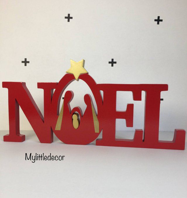 Mot en bois Noël avec crèche intégrée, rouge et or, taille XXL. 