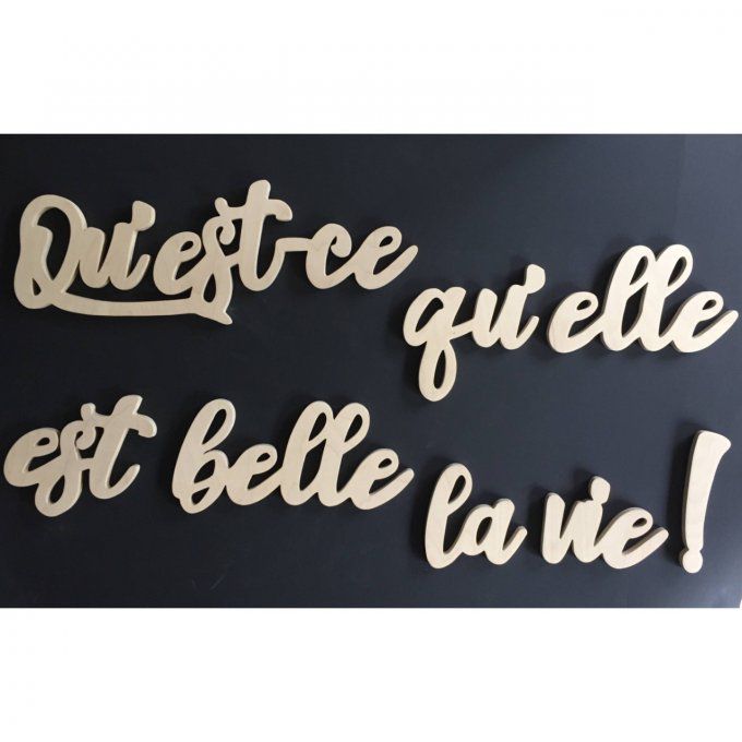 Phrase géante en bois: Qu'est-ce qu'elle est belle la vie