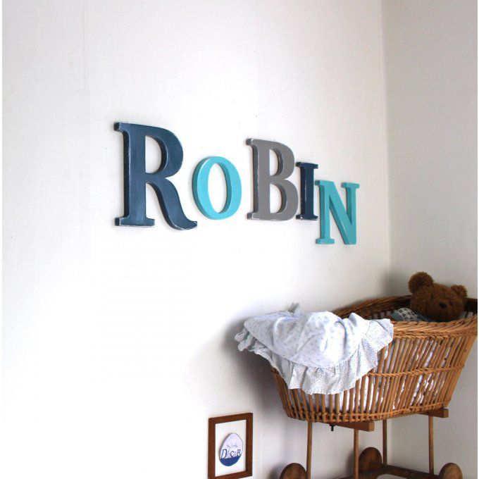 Prénom en bois ROBIN turquoise,bleu ardoise et gris.