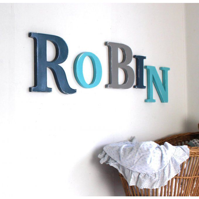 Prénom en bois ROBIN turquoise,bleu ardoise et gris.