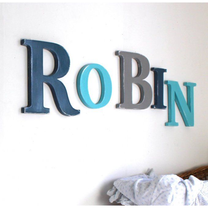 Prénom en bois ROBIN turquoise,bleu ardoise et gris.