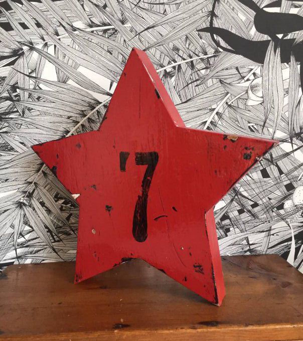 Etoile en bois n°7 patine marquée rouge et noire.